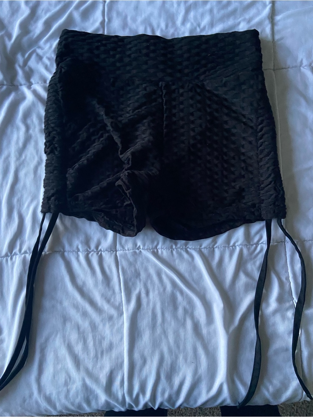 Black High-Waist Textured Drawstring Scrunch Shorts